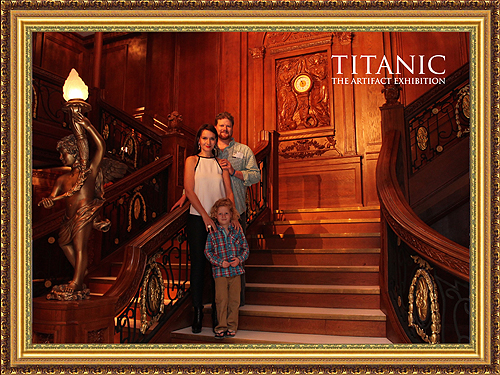 Rose and family pose on the Grand Staircase at Titanic The Artifact Exhibition