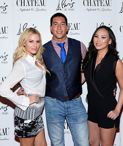 Chateau Morgan Stewart Dorothy Wang and Christopher Dewitt Pose on the Red Carpet at Chateau Nightclub and Rooftop Bryan Steffy
