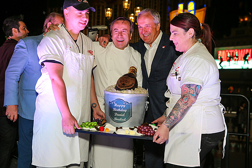 Birthday cake is presented to Daniel Boulud by Buddy Vs and Larry Ruvo at UNLVinos Bubble-Licious 4.16.15