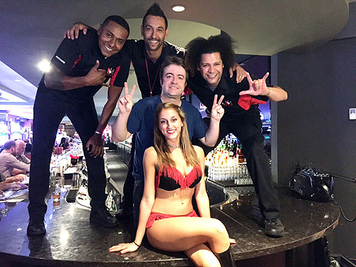 Derek Waters hangs out with Flair Bartenders and a Dancing Dealer at the LONGBAR