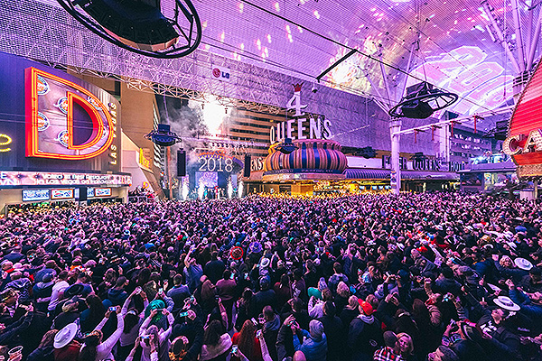 Pyrotechnics light up the 3rd Street Stage as the clock strikes midnight on NYE during Americas Party Downtown at Fremont Street Experience 12.31.17