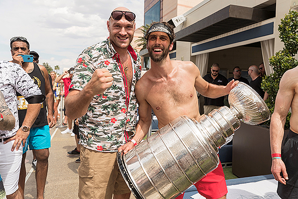 Boxing Champion Tyson Fury and St. Louis Blues Stanley Cup Winner Robert Bortuzzo with Famed Trophy at WET REPUBLIC Ultra Pool in Las Vegas on June 16 Photo Credit Wolf Productions