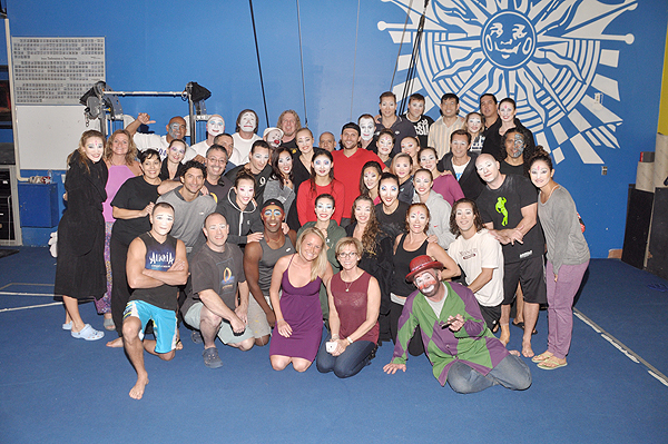 Cody Miller with cast members of O by Cirque du Soleil