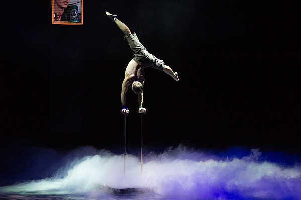 A Cirque du Soleil performer astounds the audience with his hand balancing act Sept 12 at the Luxor Tom Donoghue